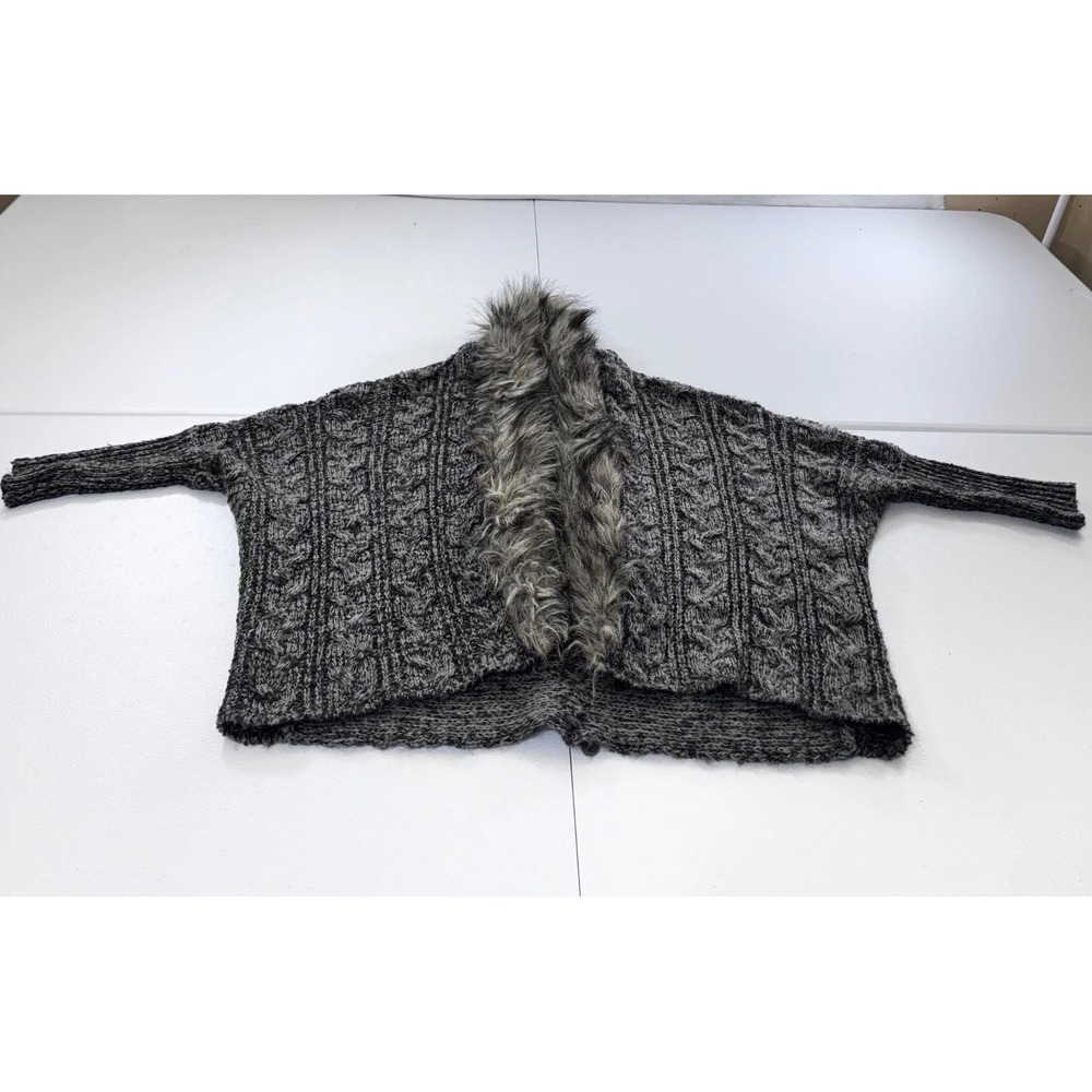 XOXO Women's Gray Cable‎ Knit Faux Fur Trim Open Front Cardigan Sweater M
